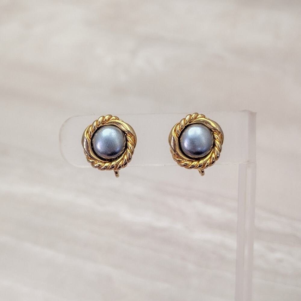 Vintage Clip On Earrings  Metallic Blue Center with Stylish Gold Tone Halo 5/8"
